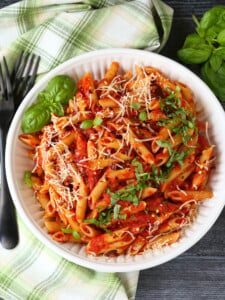 penne in a bowl with homemade arrabbiata sauce