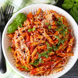 penne in a bowl with homemade arrabbiata sauce
