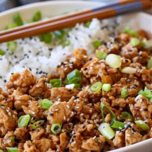 Ground chicken recipe served with rice and scallions