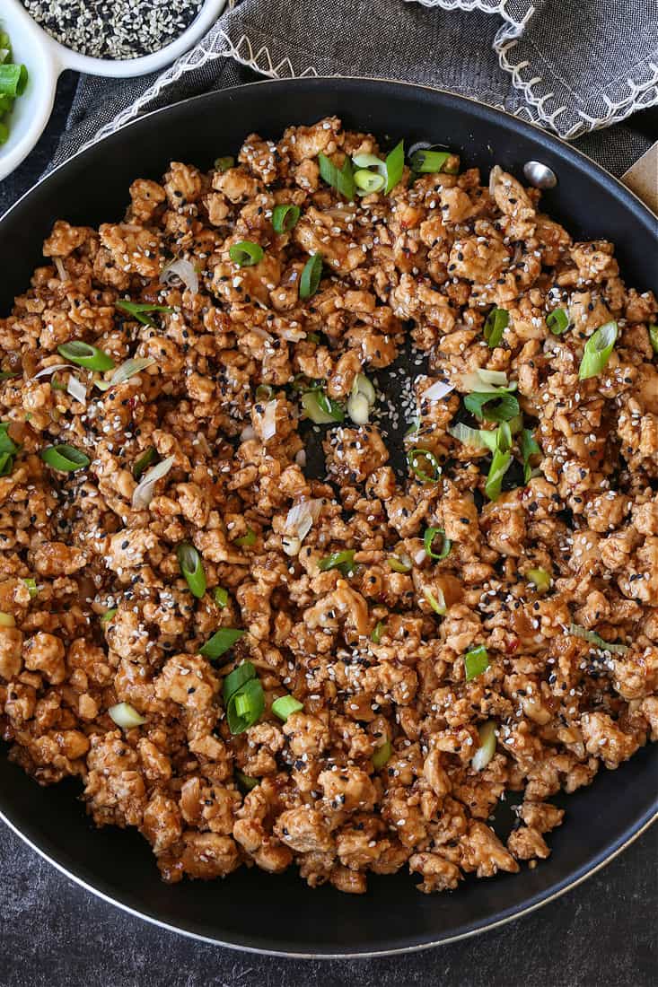Sesame ground chicken recipe in a skillet