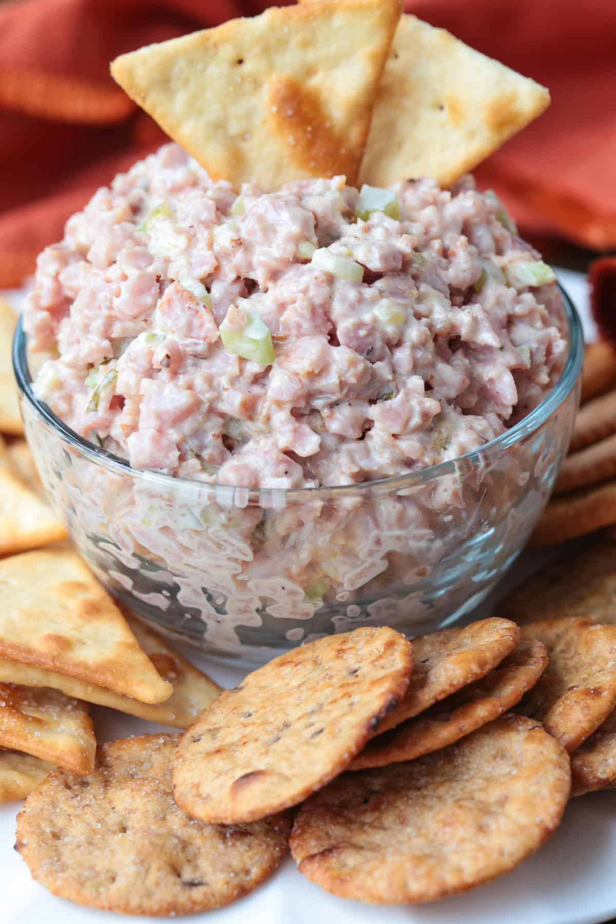 Our Ham salad recipe is the perfect way to use up leftover ham! Creamy and tangy, it’s great for sandwiches, wraps, or served with crackers. ham salad in a bowl with crackers