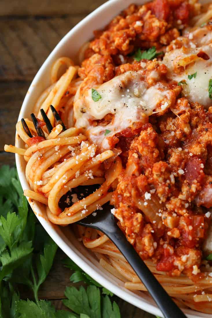 Ground Chicken Parmesan in a bowl with fork