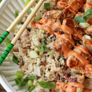 Hibachi Chicken in a bowl with yum yum sauce