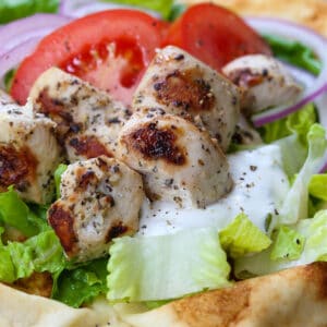 Grilled, marinated chicken on pita bread with fresh vegetables