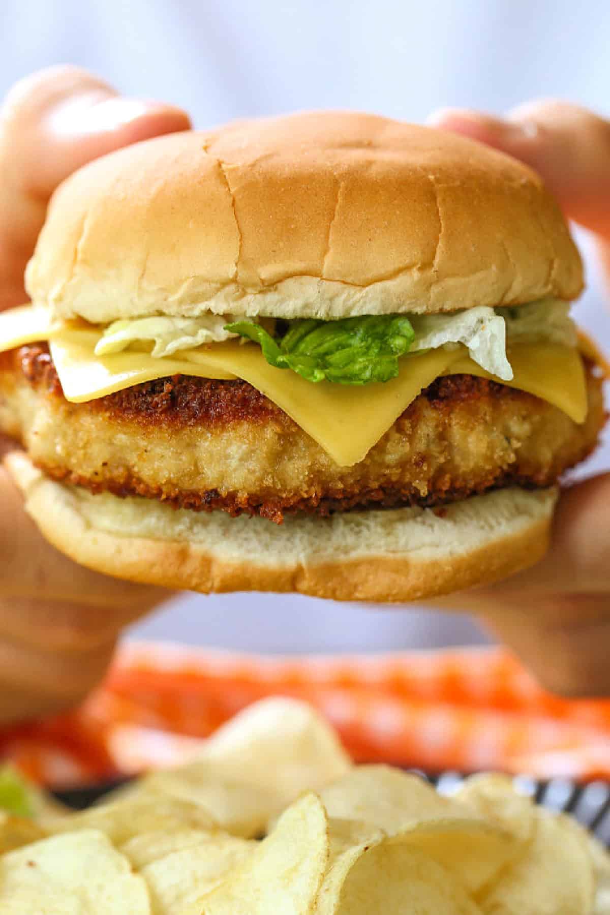 hands holding a chicken patty sandwich
