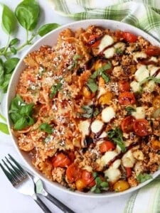 Ground Chicken Caprese in a dish with pasta