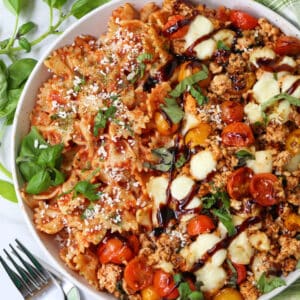Ground Chicken Caprese in a dish with pasta