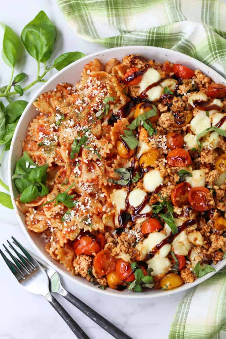 Ground Chicken Caprese in a dish with pasta