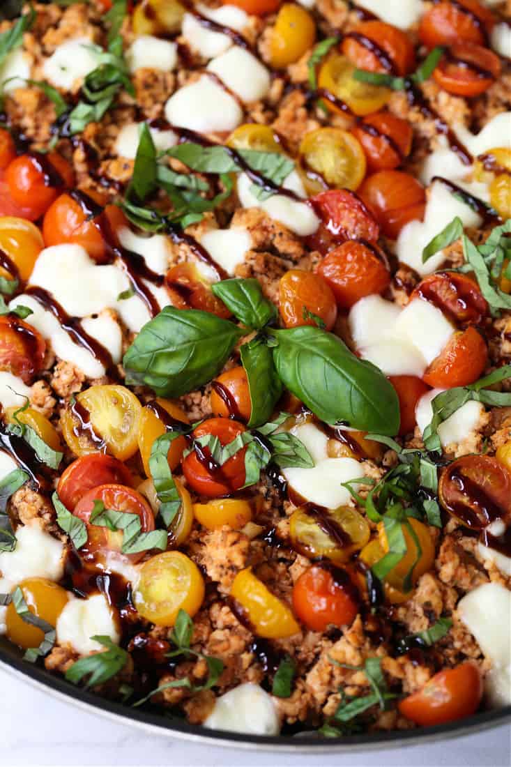 Ground Chicken Caprese recipe drizzled with balsamic vinegar