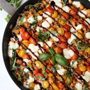 Ground Chicken dinner recipe with tomatoes, cheese and balsamic glaze