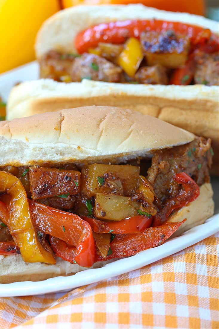 Italian sausage and potatoes served on a sub roll