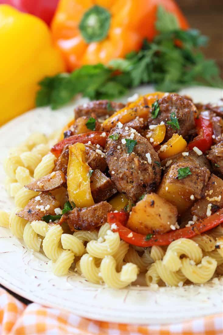 Italian Sausage, peppers and potatoes served over pasta