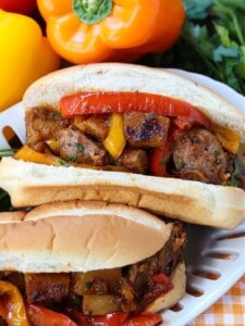 Italian sausage, peppers and potatoes on a sub roll