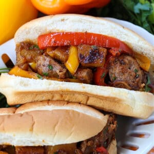 Italian sausage, peppers and potatoes on a sub roll