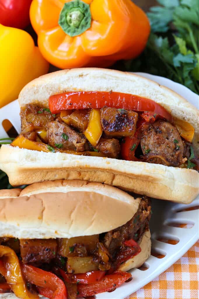 Italian sausage, peppers and potatoes on a sub roll