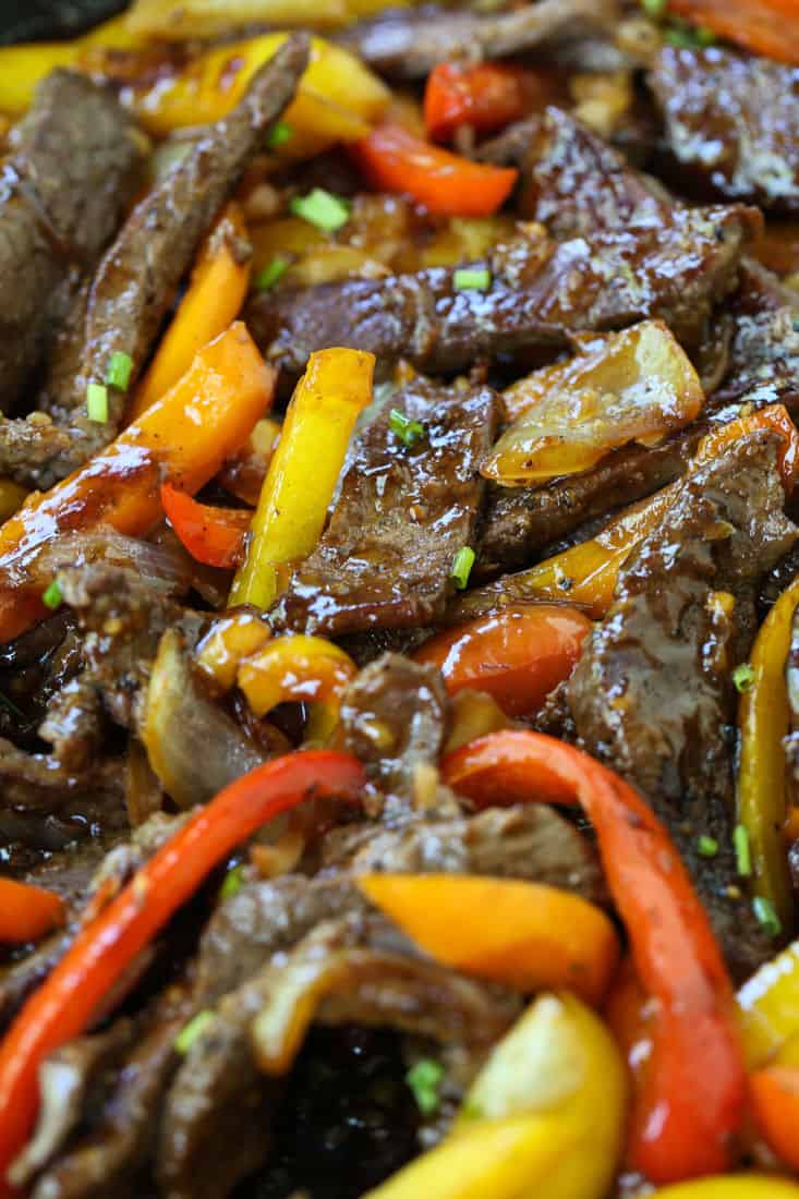 Pepper Steak recipe in a skillet cooking