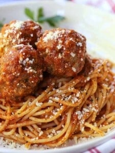 Slow Cooker meatballs on top of spaghetti