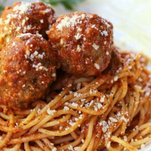 Slow Cooker meatballs on top of spaghetti