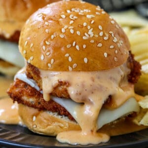 crispy chicken slider sandwich with bang bang sauce