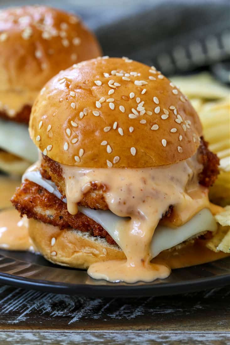 crispy chicken slider sandwich with bang bang sauce