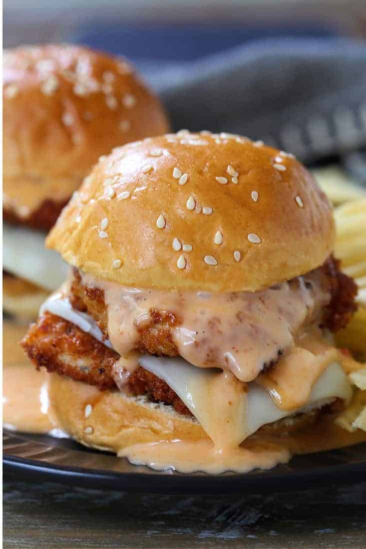 Chicken Slider with mozzarella cheese and bang bang sauce