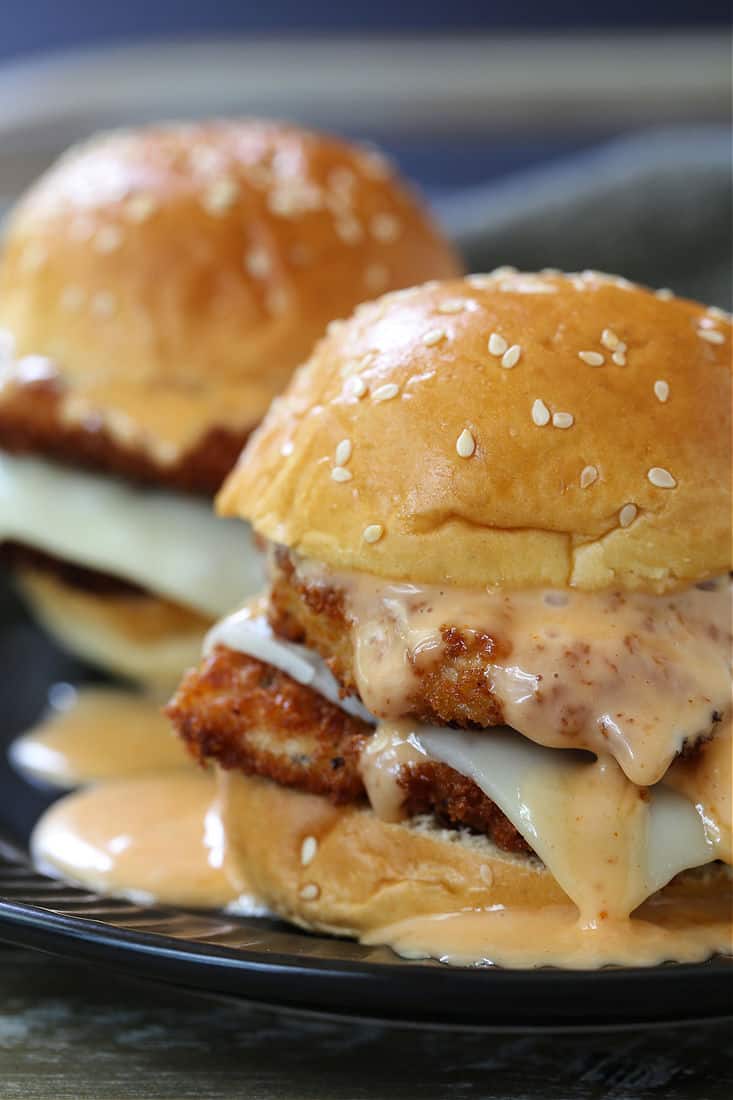 Bang Bang chicken sandwich dripping with sauce