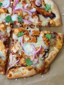 BBQ Chicken Pizza on parchment paper for serving