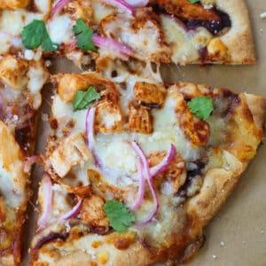 BBQ Chicken Pizza on parchment paper for serving