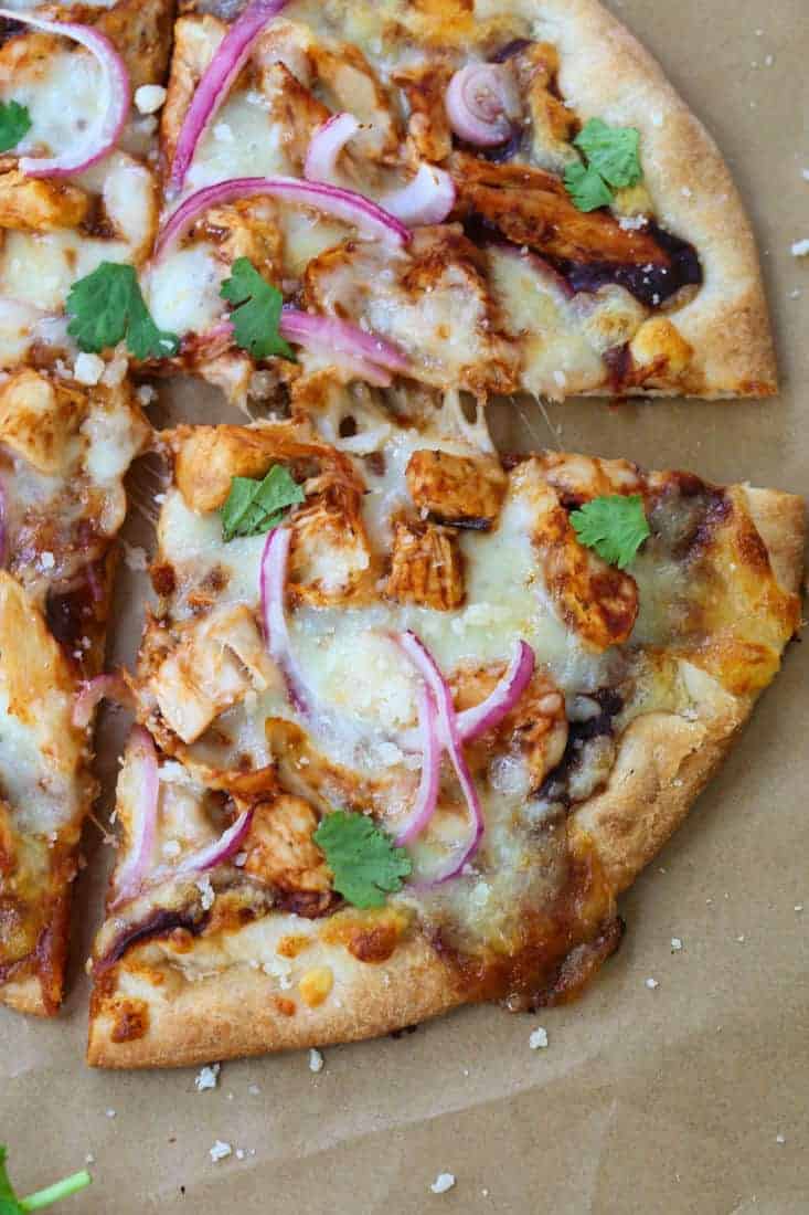 BBQ Chicken Pizza on parchment paper for serving