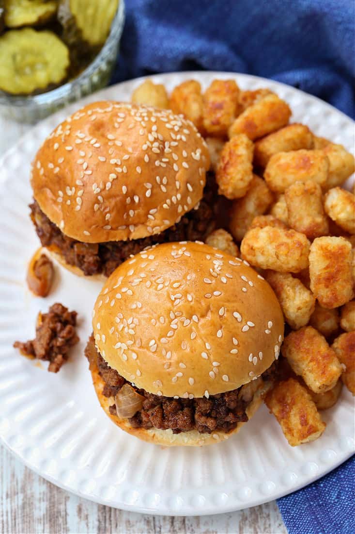 Cafeteria Sloppy Joes on a plate with tater tots
