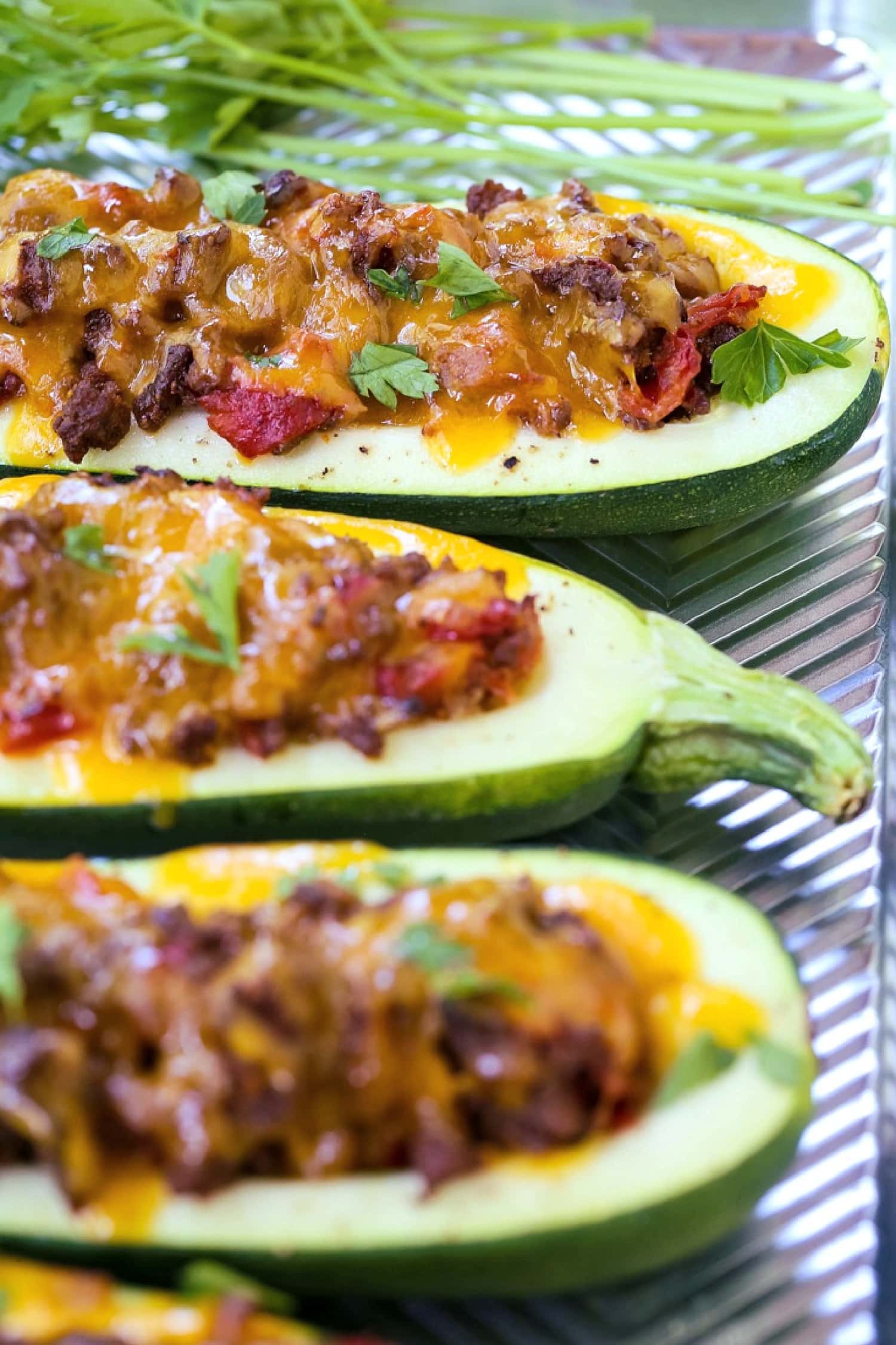 zucchini boats stuffed withe ground beef and cheese