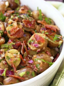 close up of potato salad with bacon