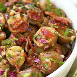 close up of potato salad with bacon