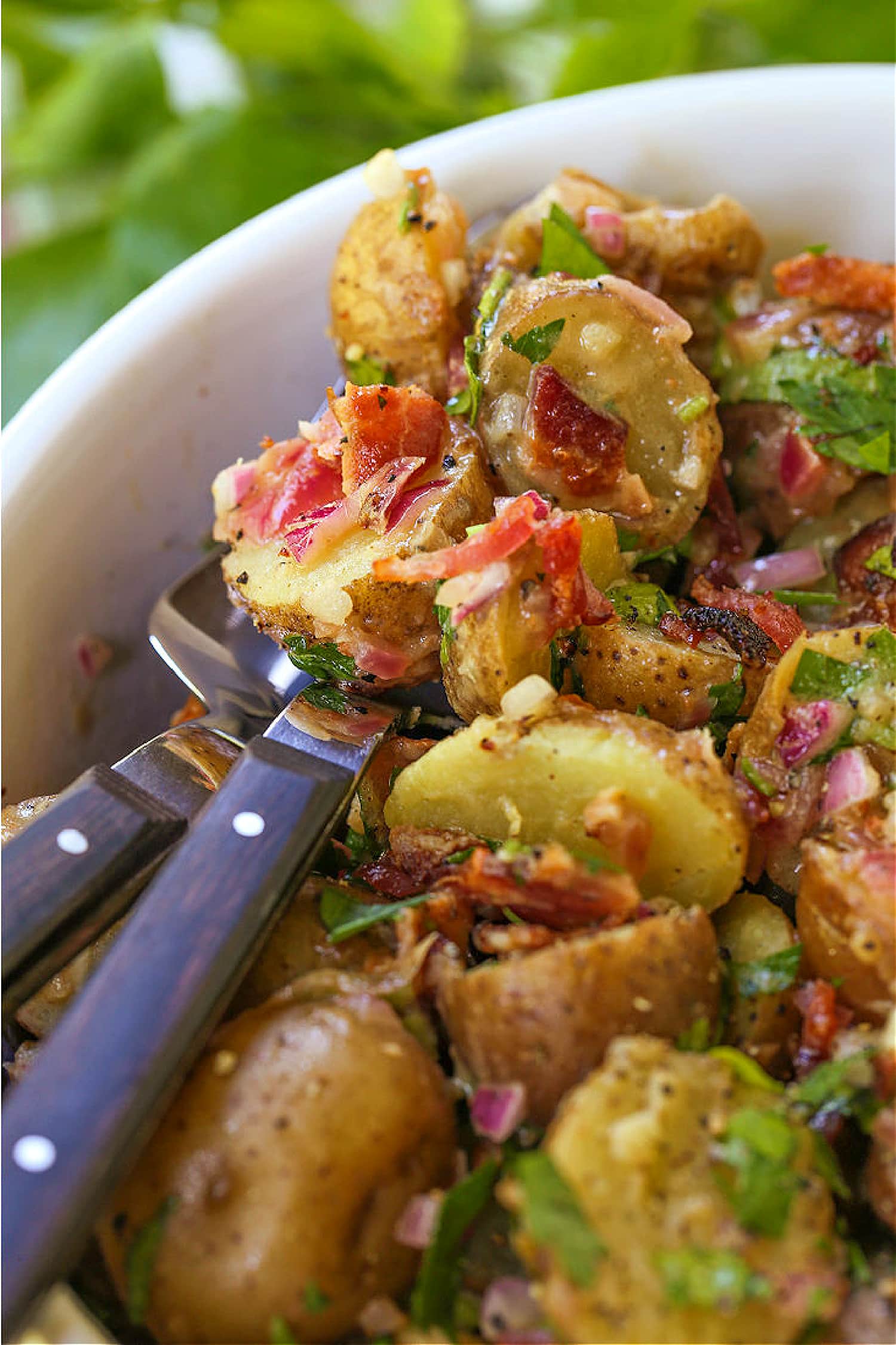 This Warm German Potato Salad is a classic party side! A no-mayo potato salad with tender potatoes, crispy bacon and a warm vinaigrette! german potato salad with spoon and fork in bowl