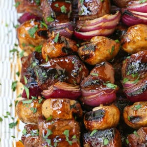 Bourbon Steak Kabobs on a white platter