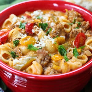 This Creamy Sausage and Peppers Soup is a hearty soup recipe with Italian sausage and peppers