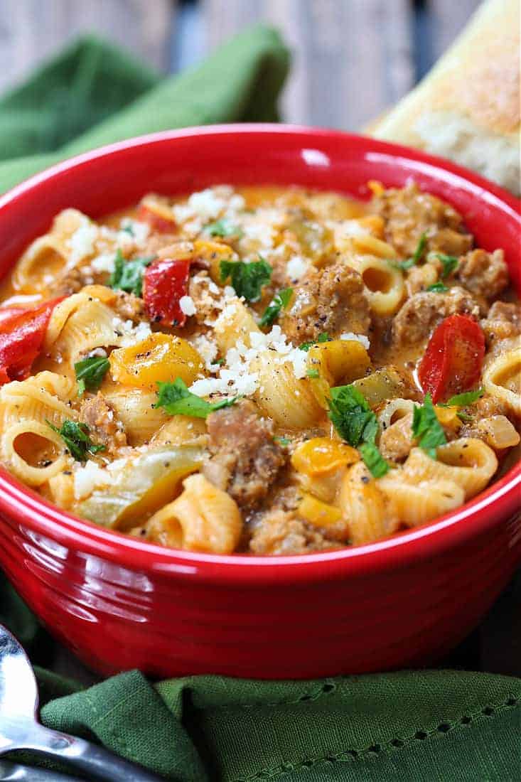 This Creamy Sausage and Peppers Soup is a hearty soup recipe with Italian sausage and peppers