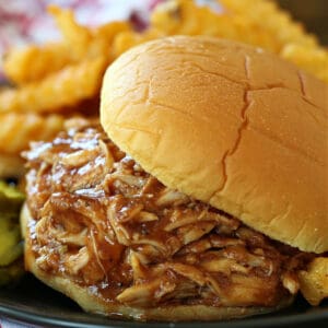 Crock Pot Root beer chicken recipe on a bun