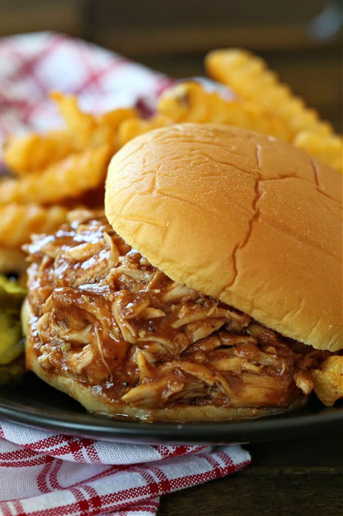 Crock Pot Root beer chicken recipe on a bun