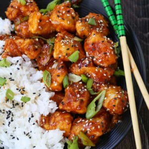 Crispy General Tso's Chicken made in an air fryer instead of deep fried