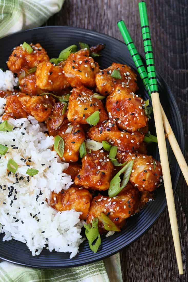 Crispy General Tso's Chicken made in an air fryer instead of deep fried