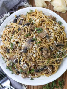 Spaghetti with ground beef and mushrooms on a plate