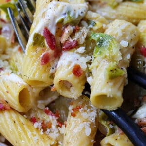 Rogatoni with melted smoked mozzarella and bacon with shaved brussels sprouts