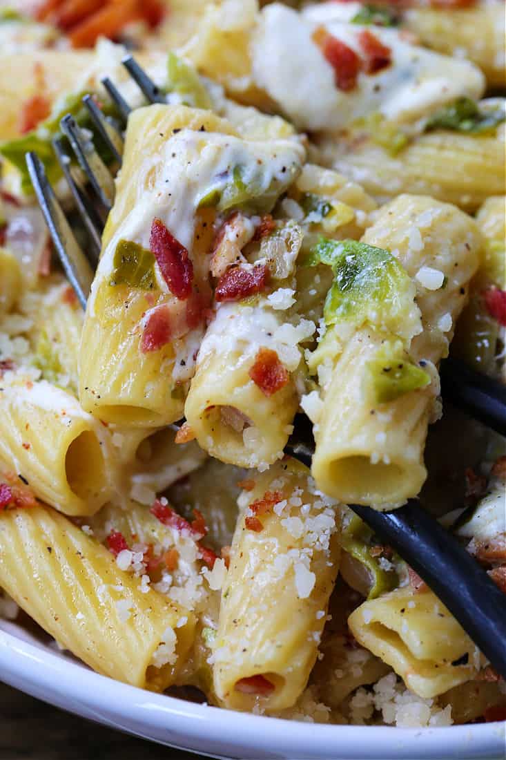 Rogatoni with melted smoked mozzarella and bacon with shaved brussels sprouts