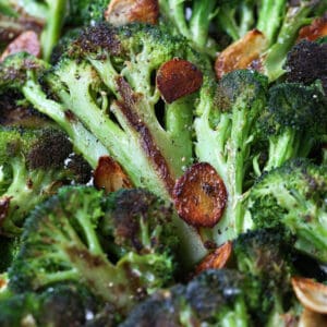 Garlic Roasted Broccoli with garlic chips close up