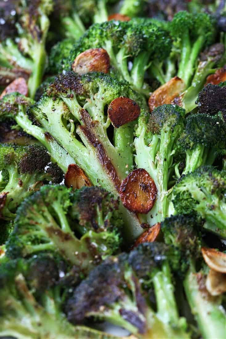 Garlic Roasted Broccoli with garlic chips close up