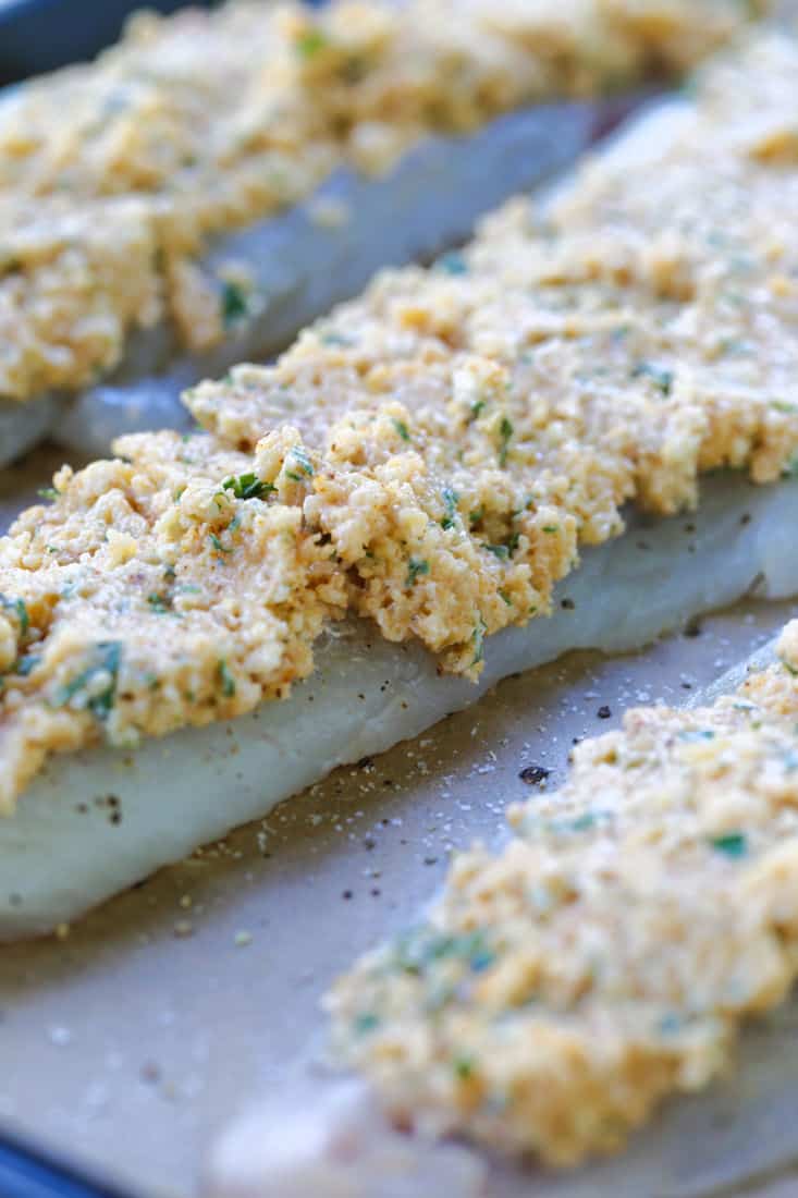 haddock recipe with a parmesan cheese and mayonnaise topping