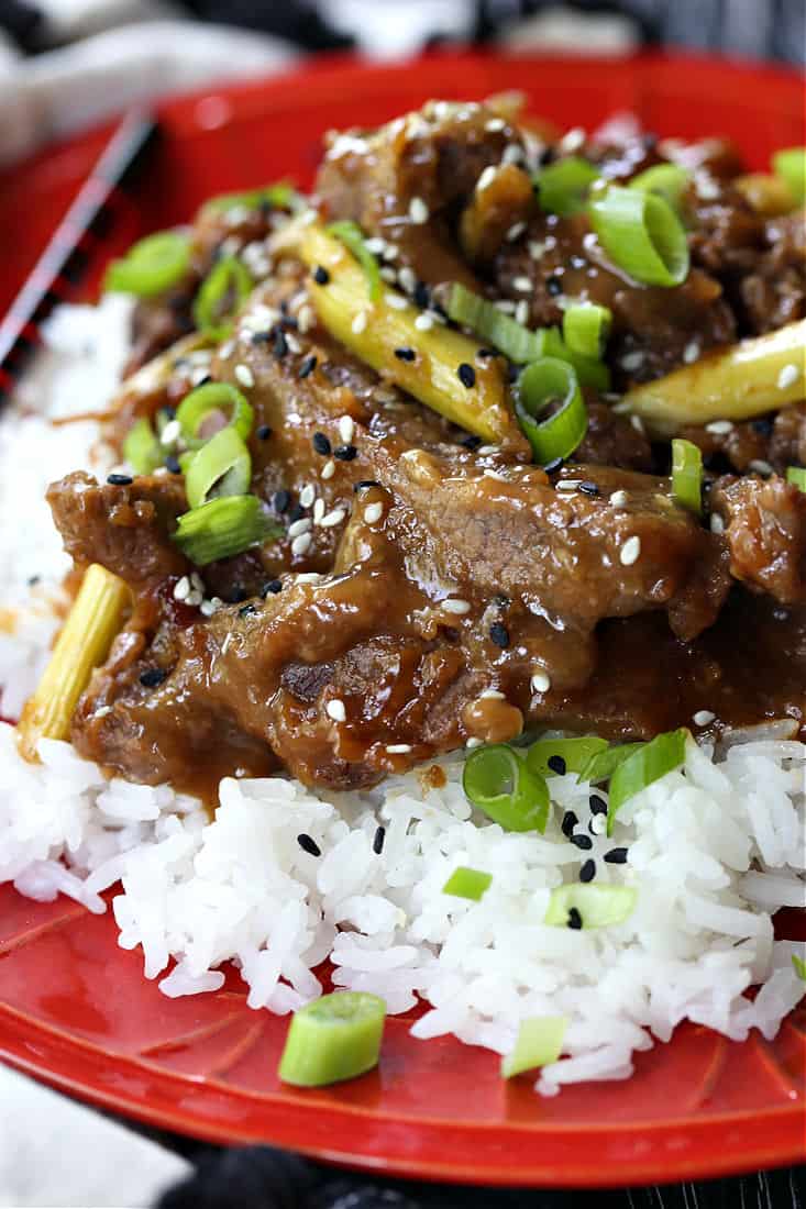 Crock Pot Mongolian Beef with scallions served over rice