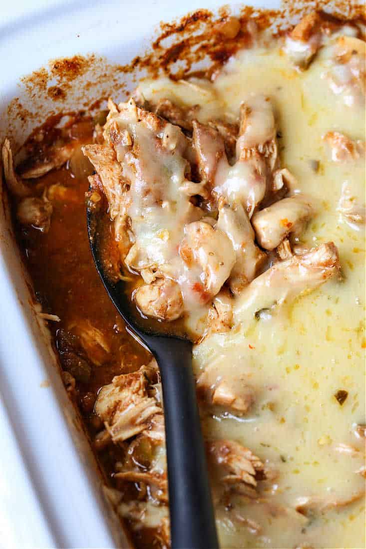 Shredded Chicken in a slow cooker topped with cheese