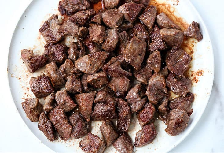 Browned beef cubes to make beef barley soup recipe